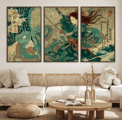 86918027-MGV-FC-60X30-3P_Walnut-Samurai Warrior vs Octopus Wall Art – Japanese Ukiyo-e Ocean Battle Canvas Print, Traditional Samurai Artwork for Living Room,