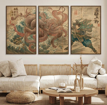 63782167-MGV-CV-36X24-Tsukioka Yoshitoshi Samurai Wall Art Print, Japanese Katana Warrior Canvas Wall Art, Octopus Sea Monster Canvas Print,
