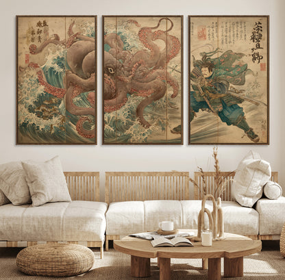 63782167-MGV-CV-36X24-Tsukioka Yoshitoshi Samurai Wall Art Print, Japanese Katana Warrior Canvas Wall Art, Octopus Sea Monster Canvas Print,