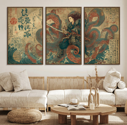 98593115-MGV-FC-60X30-3P_Walnut-Samurai Warrior vs Octopus Wall Art – Japanese Ukiyo-e Calligraphy Canvas Print, Ocean Battle Scene Artwork for Living Room,