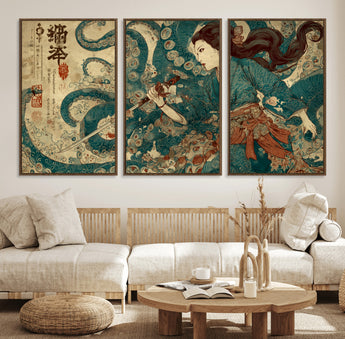 18575670-MGV-FC-60X30-3P_Walnut-Samurai Woman vs Octopus Wall Art – Japanese Ukiyo-e Ocean Battle Canvas Print, Traditional Warrior Artwork for Living Room,