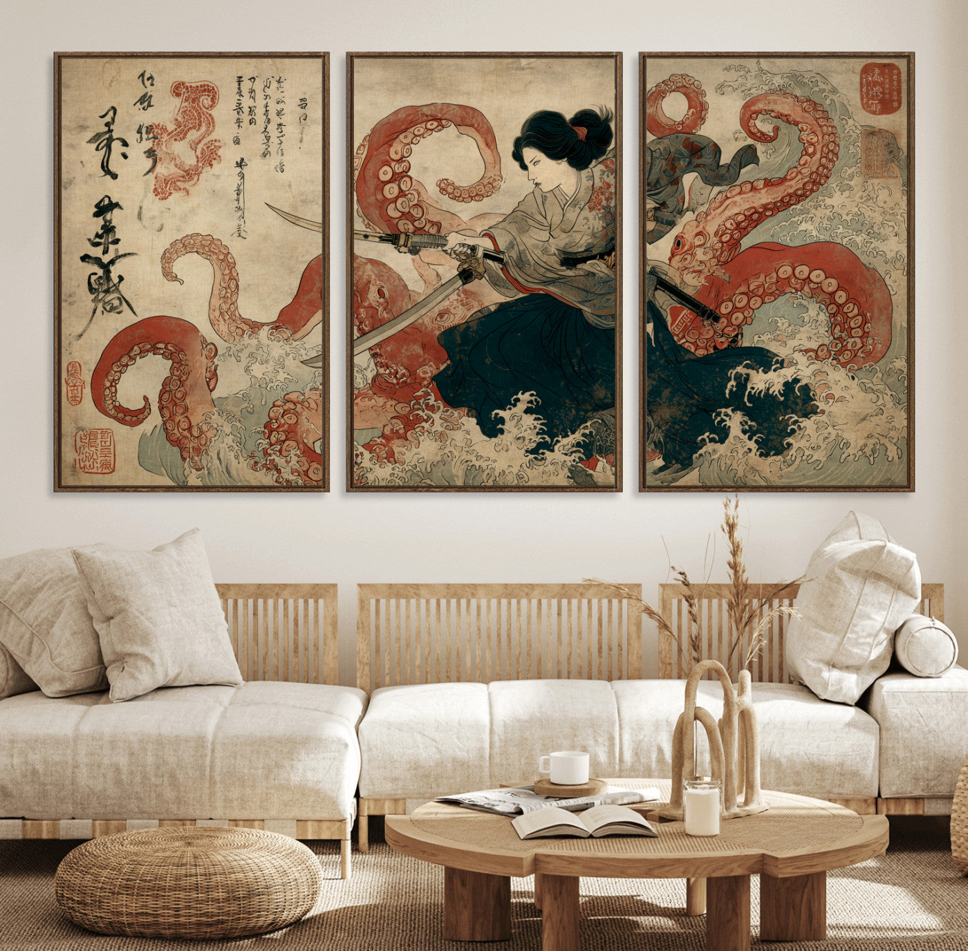 50812504-MGV-FC-60X30-3P_Walnut-Samurai Woman vs Octopus Wall Art – Japanese Ukiyo-e Red Tentacle Canvas Print, Ocean Battle Artwork for Living Room, Office, Man