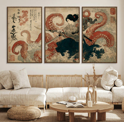 50812504-MGV-FC-60X30-3P_Walnut-Samurai Woman vs Octopus Wall Art – Japanese Ukiyo-e Red Tentacle Canvas Print, Ocean Battle Artwork for Living Room, Office, Man