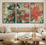 68844327-MGV-CV-36X24-Tsukioka Yoshitoshi Samurai Wall Art Print, Japanese Katana Warrior Canvas Wall Art, Octopus Sea Monster Canvas Print,