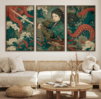 35461724-MGV-FC-60X30-3P_Walnut-Samurai Woman vs Octopus Wall Art – Japanese Ukiyo-e Ocean Waves Canvas Print, Red Tentacle Battle Artwork for Living Room,