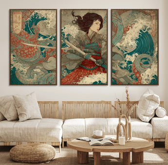 63377977-MGV-CV-36X24-Tsukioka Yoshitoshi Samurai Wall Art Print, Japanese Katana Warrior Canvas Wall Art, Octopus Sea Monster Canvas Print,