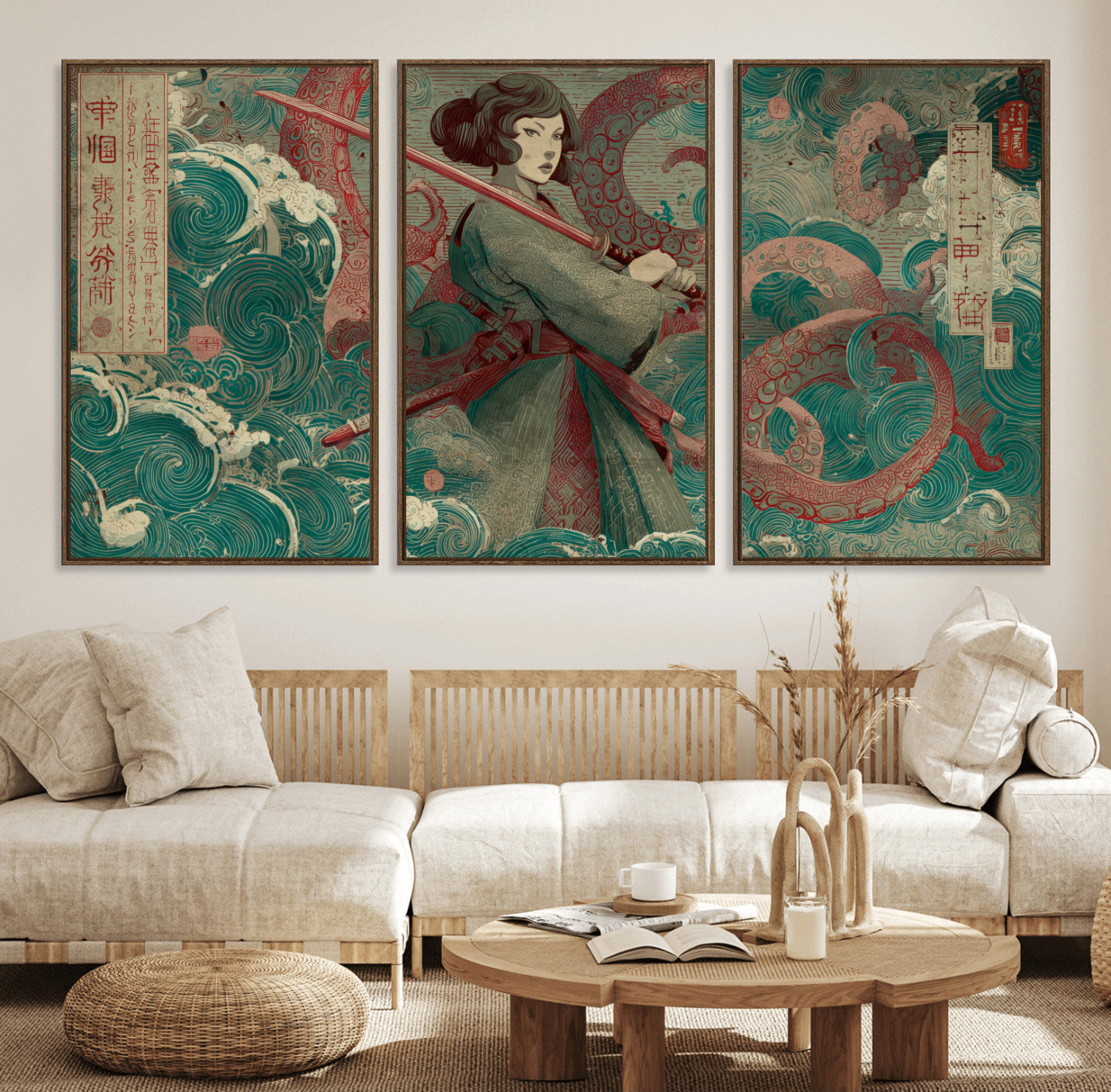 91666601-MGV-FC-60X30-3P_Walnut-Samurai Woman vs Octopus Wall Art – Japanese Ukiyo-e Green Robe Canvas Print, Ocean Battle Artwork for Living Room, Office, Man