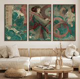 91666601-MGV-FC-60X30-3P_Walnut-Samurai Woman vs Octopus Wall Art – Japanese Ukiyo-e Green Robe Canvas Print, Ocean Battle Artwork for Living Room, Office, Man