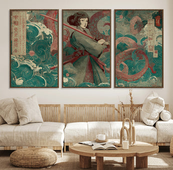 91666601-MGV-FC-60X30-3P_Walnut-Samurai Woman vs Octopus Wall Art – Japanese Ukiyo-e Green Robe Canvas Print, Ocean Battle Artwork for Living Room, Office, Man