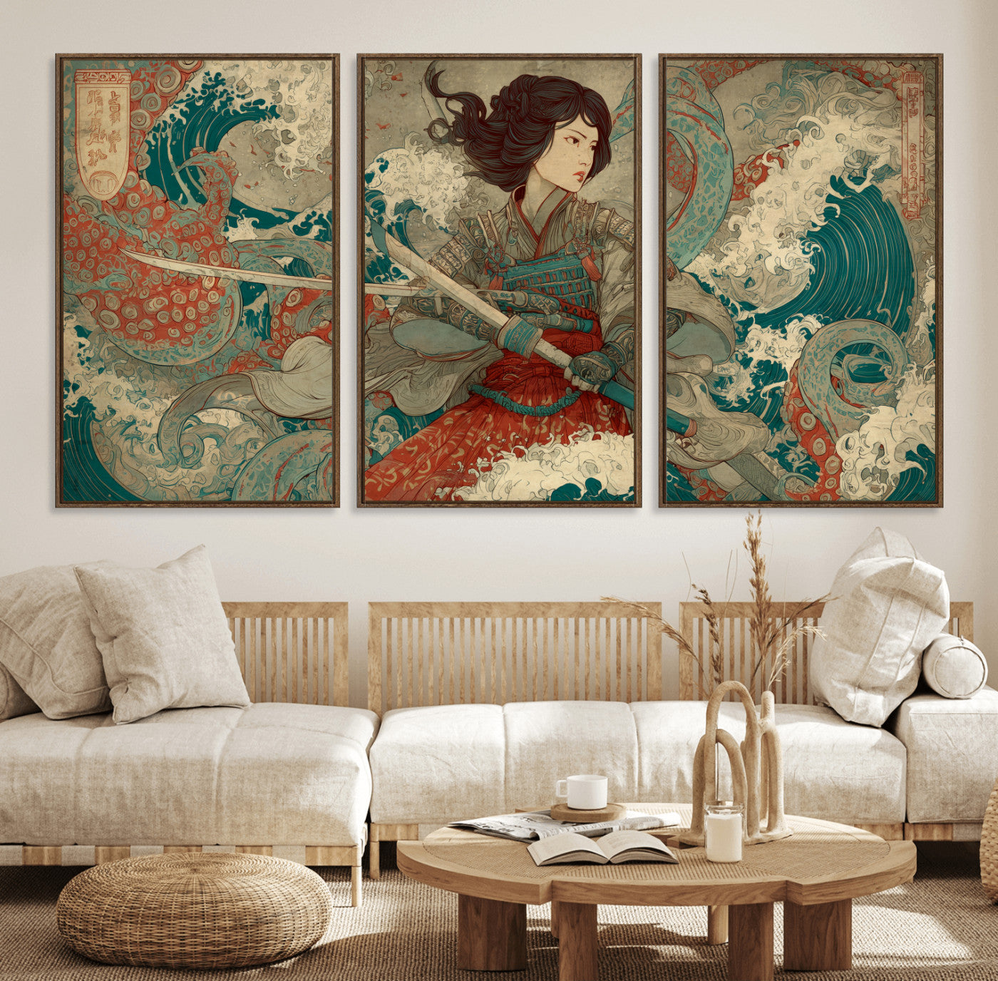 37797255-MGV-FC-60X30-3P_Walnut-Samurai Woman vs Octopus Wall Art – Japanese Ukiyo-e Red Armor Ocean Battle Canvas Print, Warrior Artwork for Living Room, Office,