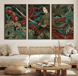 18902796-MGV-FC-60X30-3P_Walnut-Samurai Woman vs Octopus Wall Art – Japanese Ukiyo-e Green Kimono Canvas Print, Ocean Battle Scene Artwork for Living Room,