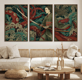 18902796-MGV-FC-60X30-3P_Walnut-Samurai Woman vs Octopus Wall Art – Japanese Ukiyo-e Green Kimono Canvas Print, Ocean Battle Scene Artwork for Living Room,