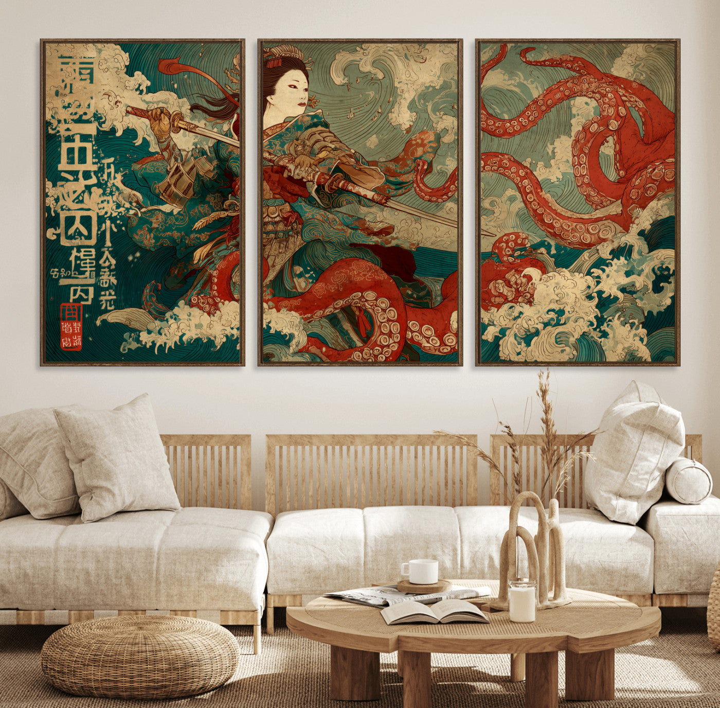 60201267-MGV-FC-60X30-3P_Walnut-Samurai Woman vs Octopus Wall Art – Japanese Ukiyo-e Armor Canvas Print, Red Tentacle Ocean Battle Artwork for Living Room,
