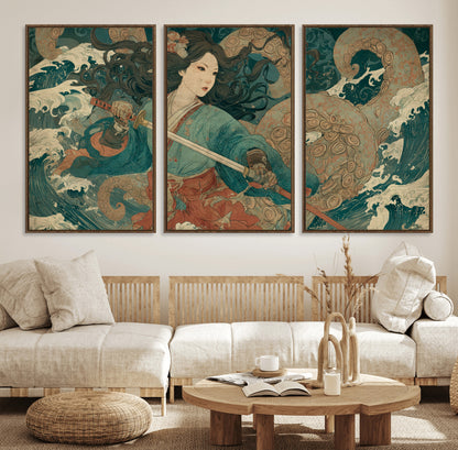 79740258-MGV-CV-36X24-Tsukioka Yoshitoshi Samurai Wall Art Print, Japanese Katana Warrior Canvas Wall Art, Octopus Sea Monster Canvas Print,