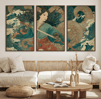 79740258-MGV-FC-60X30-3P_Walnut-Samurai Woman vs Octopus Wall Art – Japanese Ukiyo-e Blue Kimono Canvas Print, Ocean Battle Artwork for Living Room, Office, Man