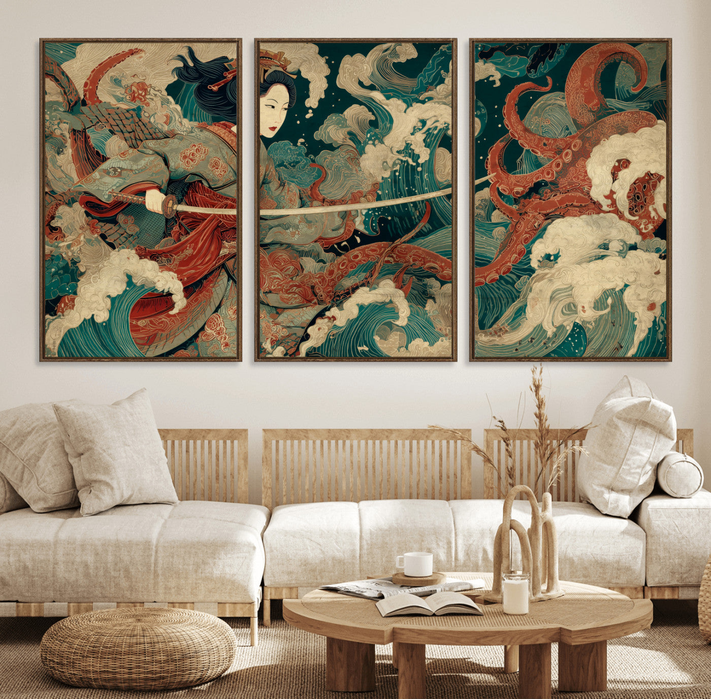 30212982-MGV-FC-60X30-3P_Walnut-Samurai Woman vs Octopus Wall Art – Japanese Ukiyo-e Style Warrior and Sea Monster Canvas Print, Mythology Inspired Artwork for