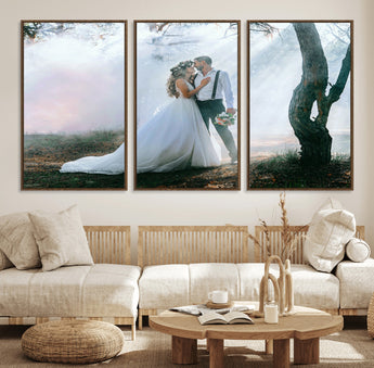 CSTM913-MGV-FC-60X30-3P_Walnut-Framed Wedding Canvas Print - Custom Wall Art Keepsake for Couples, Elegant Home Decoration Gift, Create Your Own Photo Canvas