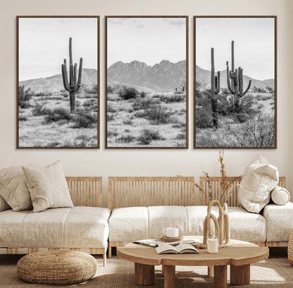 97436PHN-MGV-FC-60X30-3P_Walnut-Desert Landscape Wall Art – Black and White Cactus and Mountain Canvas Print, Southwestern Nature Photography for Living Room,