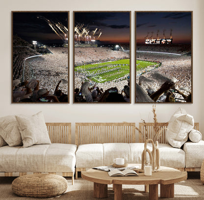 Penn-MGV-FC-60X30-3P_Walnut-Football Stadium Wall Art – Panoramic Night Game Canvas Print, Packed Crowd with Fireworks, Sports Decor for Office, Man Cave, Bar