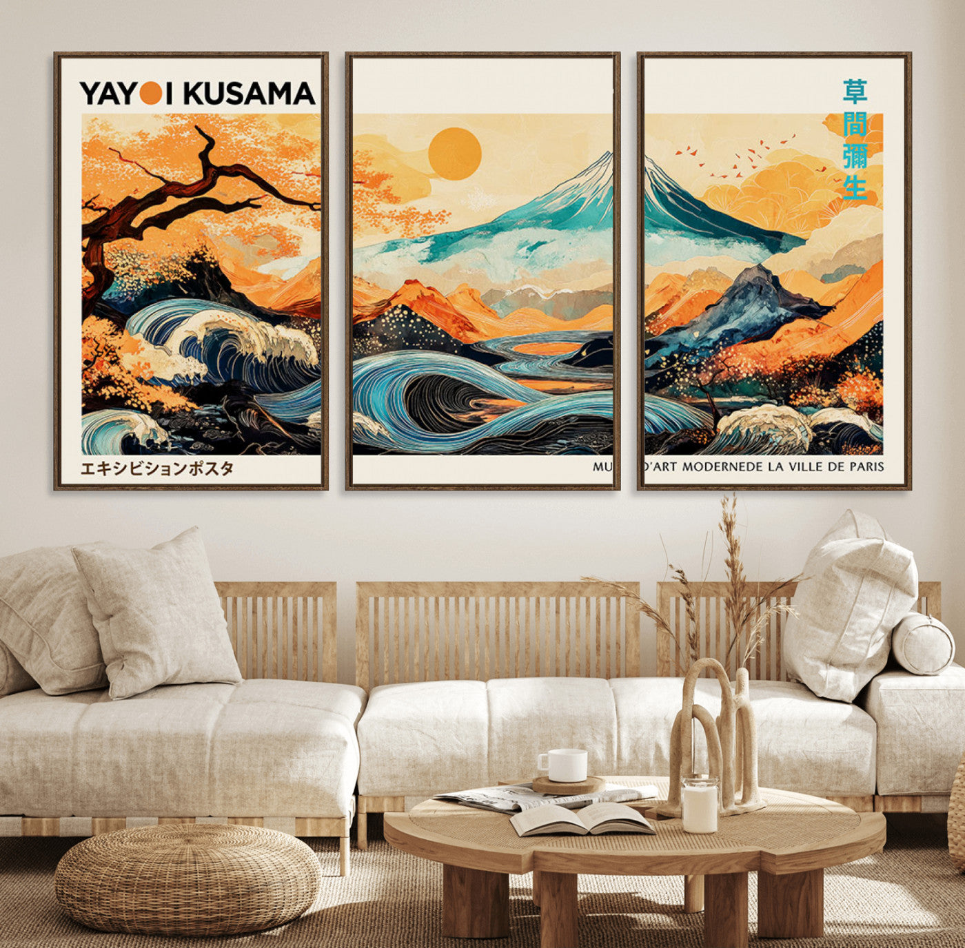 94085549-MGV-CV-36X24-Yayoi Kusama Inspired Japanese Landscape Art Print – Vibrant Mount Fuji, Waves & Autumn Trees, Modern Decorative Poster for