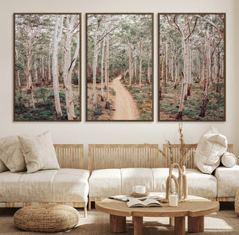 24760563-MGV-FC-60X30-3P_Walnut-Forest Wall Art – Tranquil Woodland Path Canvas Print, Scenic Nature Photography Decor for Bedroom, Living Room, Office, Cabin or
