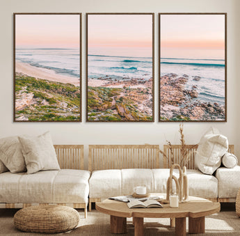 27332135-MGV-FC-60X30-3P_Walnut-Coastal Sunset Wall Art – Ocean Waves and Rocky Shore Canvas Print, Scenic Seaside Photography Decor for Bedroom, Living Room,