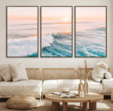 34064591-MGV-FC-60X30-3P_Walnut-Surfing Wall Art – Sunset Ocean Wave Canvas Print, Surfer Riding Sea Photography Decor for Bedroom, Living Room, Office, Coastal