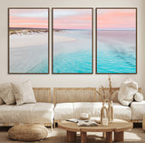 41613614-MGV-FC-60X30-3P_Walnut-Beach Sunset Wall Art – Pastel Ocean Canvas Print, Turquoise Water and Pink Sky Photography Decor for Bedroom, Living Room, Office