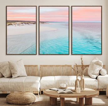 41613614-MGV-FC-60X30-3P_Walnut-Beach Sunset Wall Art – Pastel Ocean Canvas Print, Turquoise Water and Pink Sky Photography Decor for Bedroom, Living Room, Office