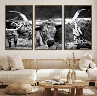 15425553-MGV-FC-60X30-3P_Walnut-Western Wall Art – Longhorn Cattle Black and White Canvas Print, Rustic Ranch Photography Decor for Bedroom, Living Room, Office,