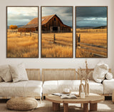 16480179-MGV-FC-60X30-3P_Walnut-Farmhouse Wall Art – Rustic Barn and Golden Field Canvas Print, Country Landscape Photography Decor for Bedroom, Living Room,