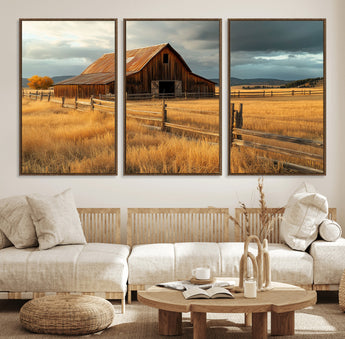 16480179-MGV-FC-60X30-3P_Walnut-Farmhouse Wall Art – Rustic Barn and Golden Field Canvas Print, Country Landscape Photography Decor for Bedroom, Living Room,