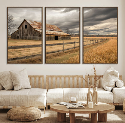 21991117-MGV-FC-60X30-3P_Walnut-Rustic Barn Wall Art – Weathered Farmhouse Canvas Print, Stormy Sky and Golden Field Photography Decor for Bedroom, Living Room,