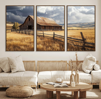 23718739-MGV-FC-60X30-3P_Walnut-Farmhouse Wall Art – Rustic Barn and Golden Wheat Field Canvas Print, Country Landscape Photography Decor for Bedroom, Living