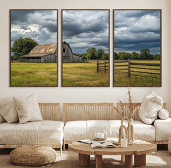 39409517-MGV-FC-60X30-3P_Walnut-Rustic Barn Wall Art – Weathered Farmhouse and Storm Clouds Canvas Print, Country Landscape Photography Decor for Bedroom, Living