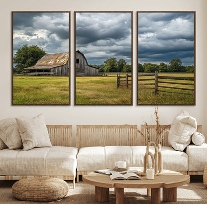 39409517-MGV-FC-60X30-3P_Walnut-Rustic Barn Wall Art – Weathered Farmhouse and Storm Clouds Canvas Print, Country Landscape Photography Decor for Bedroom, Living