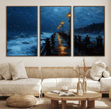 48300530-MGV-CV-36X24-Dark Stormy Pier Canvas Wall Art – Moody Ocean Night Scene with Street Lamps, Blue Coastal Seascape Print for Bedroom, Office, or