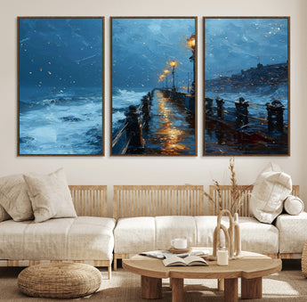 93793246-MGV-FC-60X30-3P_Walnut-Stormy Night Pier Canvas Wall Art – Moody Ocean Landscape with Lights, Blue Coastal Seascape Print for Bedroom, Living Room,