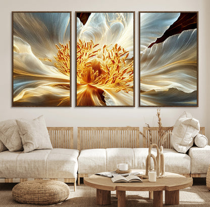 20862576-MGV-FC-60X30-3P_Walnut-Golden Abstract Flower Canvas Wall Art – Modern Botanical Bloom Print, Elegant Floral Artwork for Living Room, Bedroom, Office