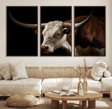 27414857-MGV-CV-36X24-Texas Longhorn Bull Canvas Wall Art – Rustic Western Farmhouse Decor, Brown & White Cow Portrait, Animal Print for Ranch Home