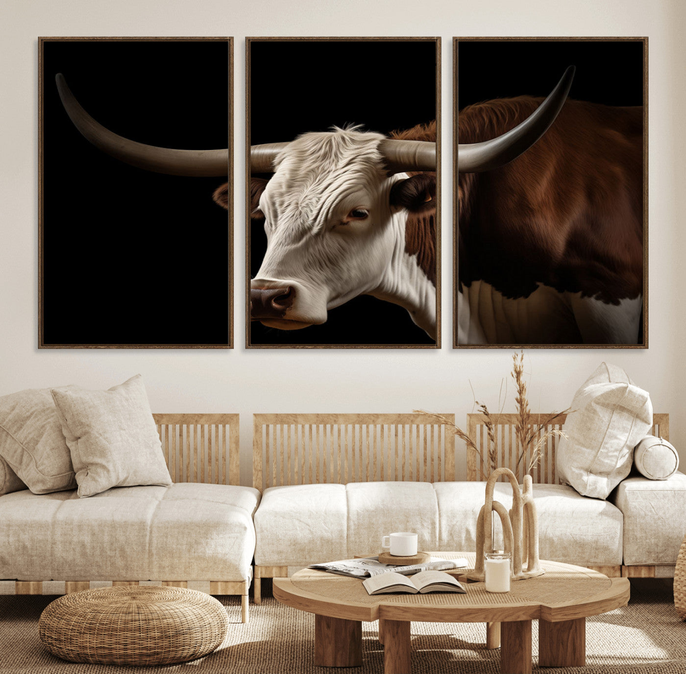 27414857-MGV-FC-60X30-3P_Walnut-Longhorn Bull Wall Art – Dramatic Western Steer Portrait Canvas Print, Rustic Farmhouse Animal Decor for Living Room, Office, or