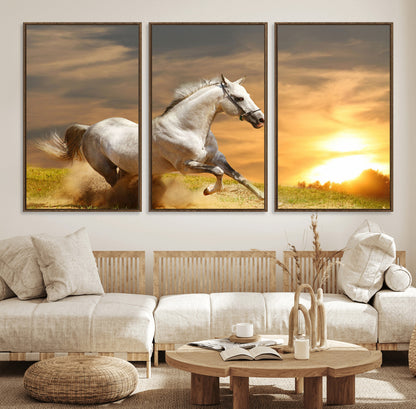 67478480-MGV-FC-60X30-3P_Walnut-White Horse Running at Sunset Wall Art – Majestic Equestrian Photography Print, Rustic Farmhouse Decor, Golden Sky Horse Lover