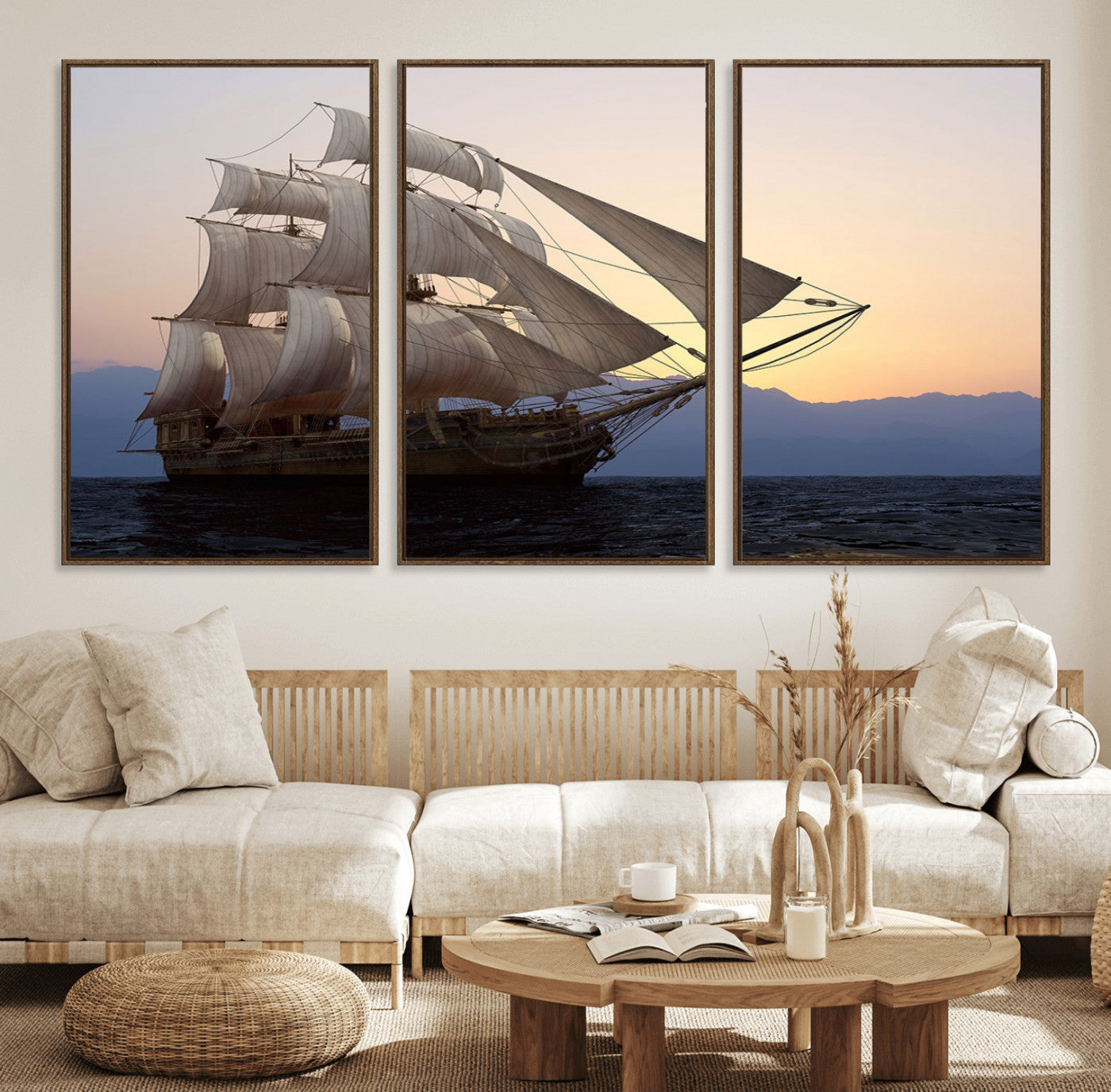 99957679-MGV-FC-60X30-3P_Walnut-Majestic Sailing Ship Wall Art – Sunset Ocean Voyage, Classic Tall Ship with Wind Filled Sails Canvas Print for Home, Office,