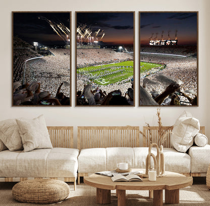 11221988-MGV-FC-60X30-3P_Walnut-Football Stadium Wall Art – Game Day Crowd with Fireworks, Sports Fan Photography Print, Stadium Decor for Man Cave, Bar, or