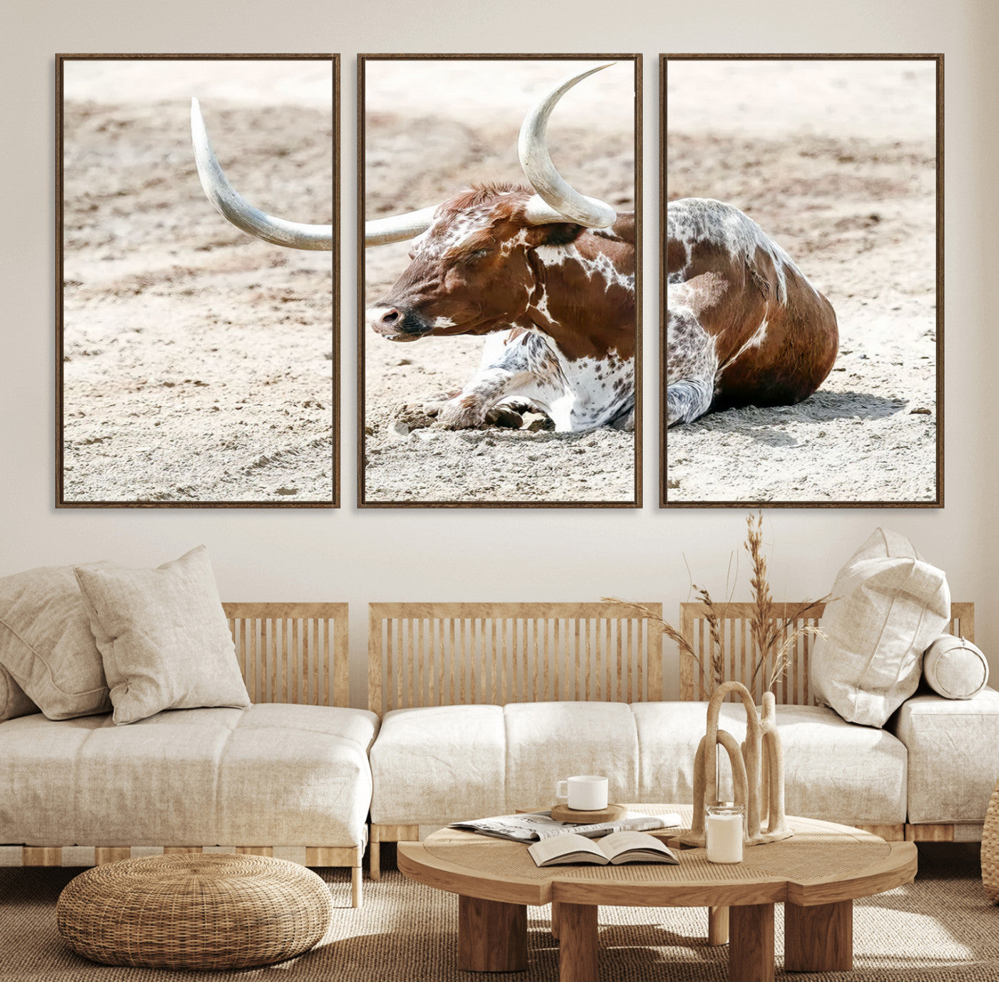89096667-MGV-CV-36X24-Texas Longhorn Wall Art – Rustic Western Canvas Print, Cattle Photography Decor for Ranch House, Living Room, Office, Man Cave
