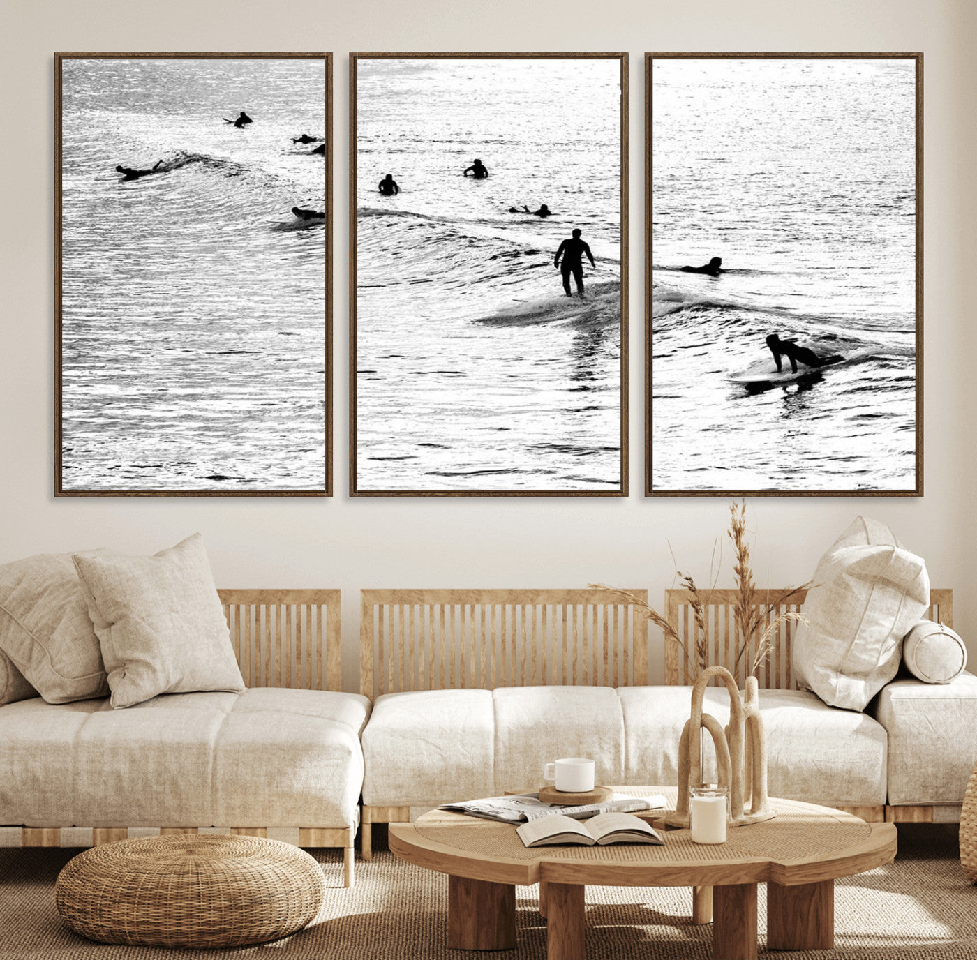 68018616-MGV-FC-60X30-3P_Walnut-Black and White Surf Photography Print – Minimalist Ocean Wall Art, Surfers Riding Waves, Coastal Beach Decor for Modern Home or