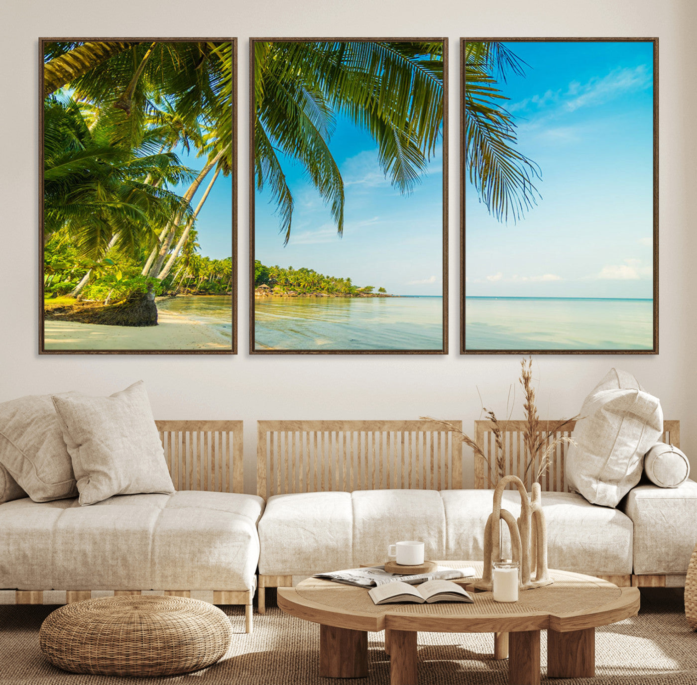 65056721-MGV-FC-60X30-3P_Walnut-Tropical Beach Wall Art – Palm Tree Coastal Photography Print, Relaxing Ocean Paradise Landscape, Island Seascape Home or Office