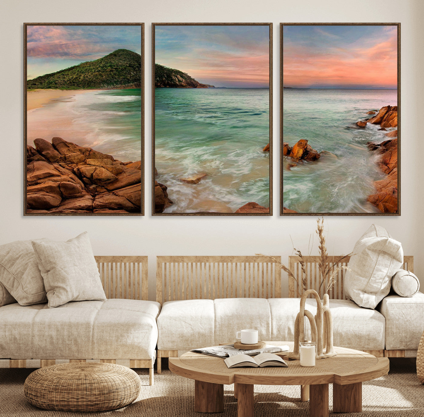 53831025-MGV-FC-60X30-3P_Walnut-Coastal Landscape Wall Art – Tropical Beach Ocean Canvas Print, Sunset Mountain View Photography Decor for Living Room, Bedroom,