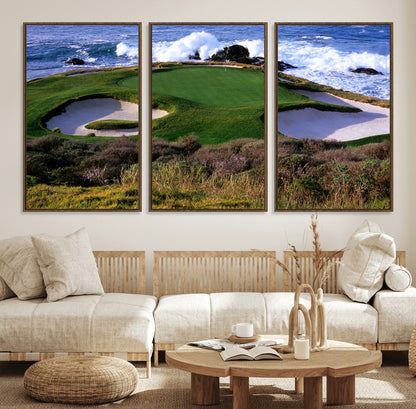 22776914-MGV-FC-60X30-3P_Walnut-Golf Course Wall Art – Oceanfront Green Canvas Print, Coastal Pebble Beach Photography Sports Decor for Living Room, Office, Man