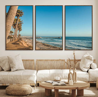 92568259-MGV-FC-60X30-3P_Walnut-California Beach Wall Art – Palm Tree Pier Canvas Print, Coastal Ocean Photography Seaside Decor for Living Room, Bedroom, Office,